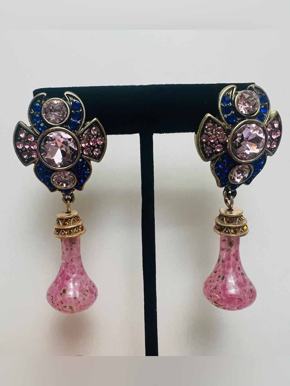 Heidi Daus Pink Glass Drop Earrings with Blue and Pink Crystals